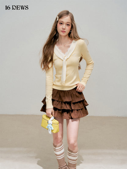 16DEWS 16D25293 Cream yellow lace patchwork long sleeved knitted sweater
