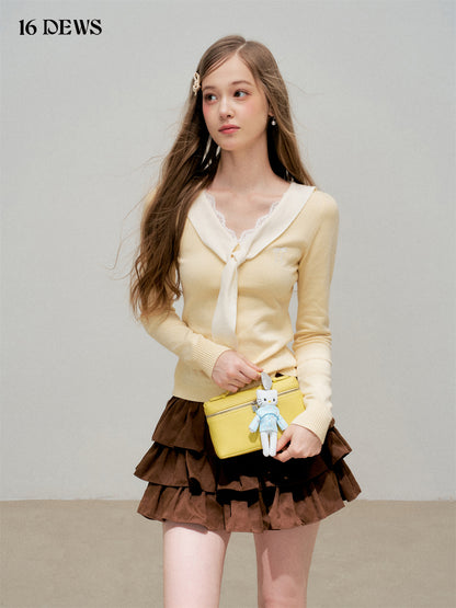 16DEWS 16D25293 Cream yellow lace patchwork long sleeved knitted sweater