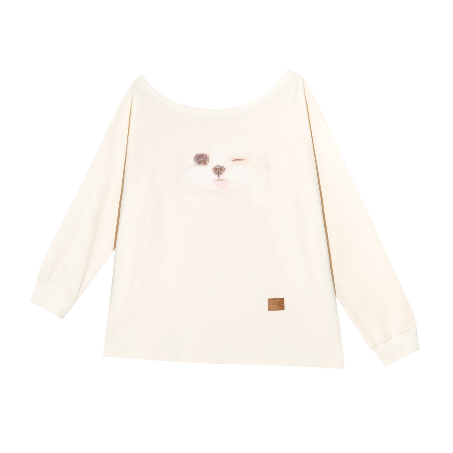 16DEWS 16D25294 Fun puppy print slanted shoulder long sleeved shirt