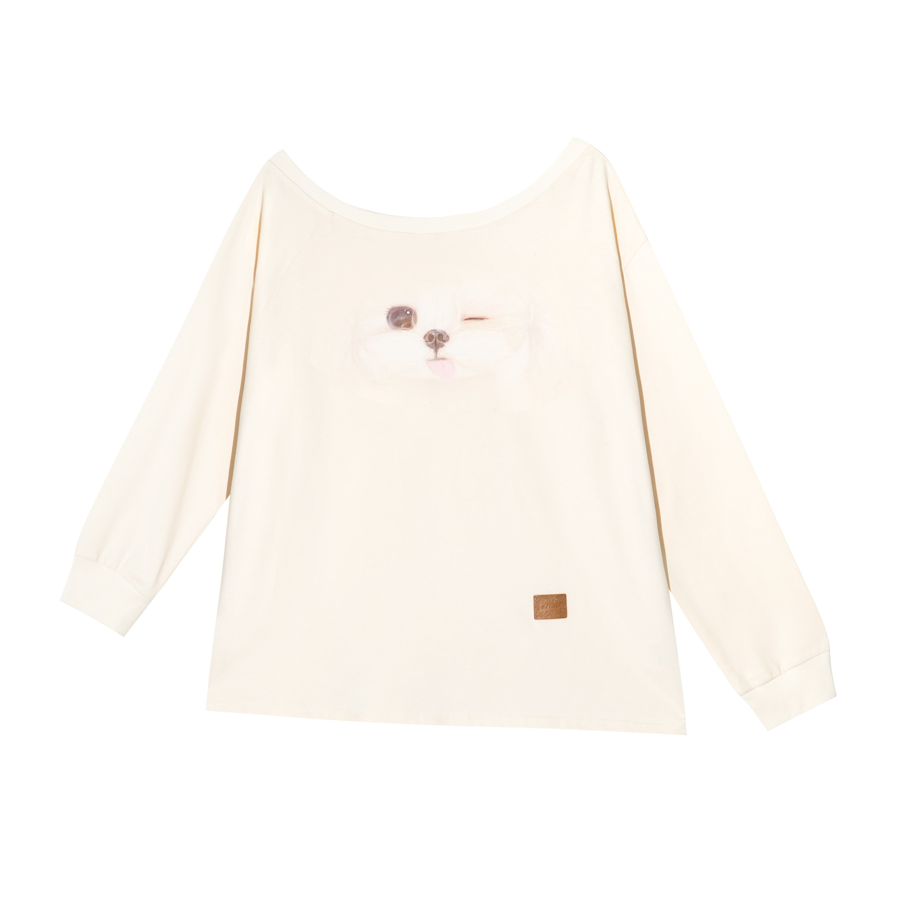 16DEWS 16D25294 Fun puppy print slanted shoulder long sleeved shirt