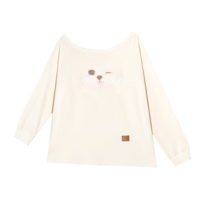 16DEWS 16D25294 Fun puppy print slanted shoulder long sleeved shirt