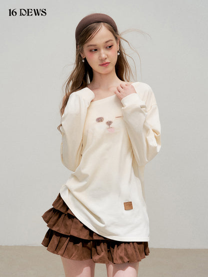 16DEWS 16D25294 Fun puppy print slanted shoulder long sleeved shirt