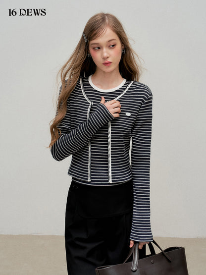 16DEWS 16D25296&amp;16D25297 Contrast striped round neck top + cardigan set