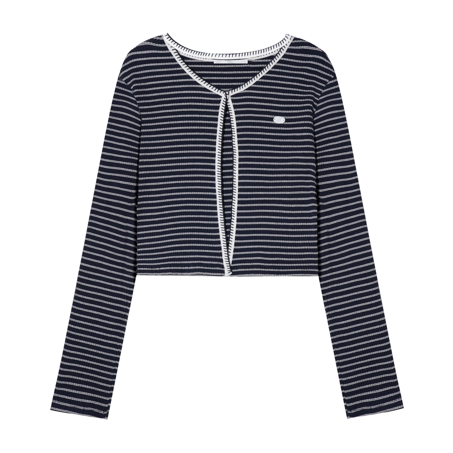16DEWS 16D25296&amp;16D25297 Contrast striped round neck top + cardigan set