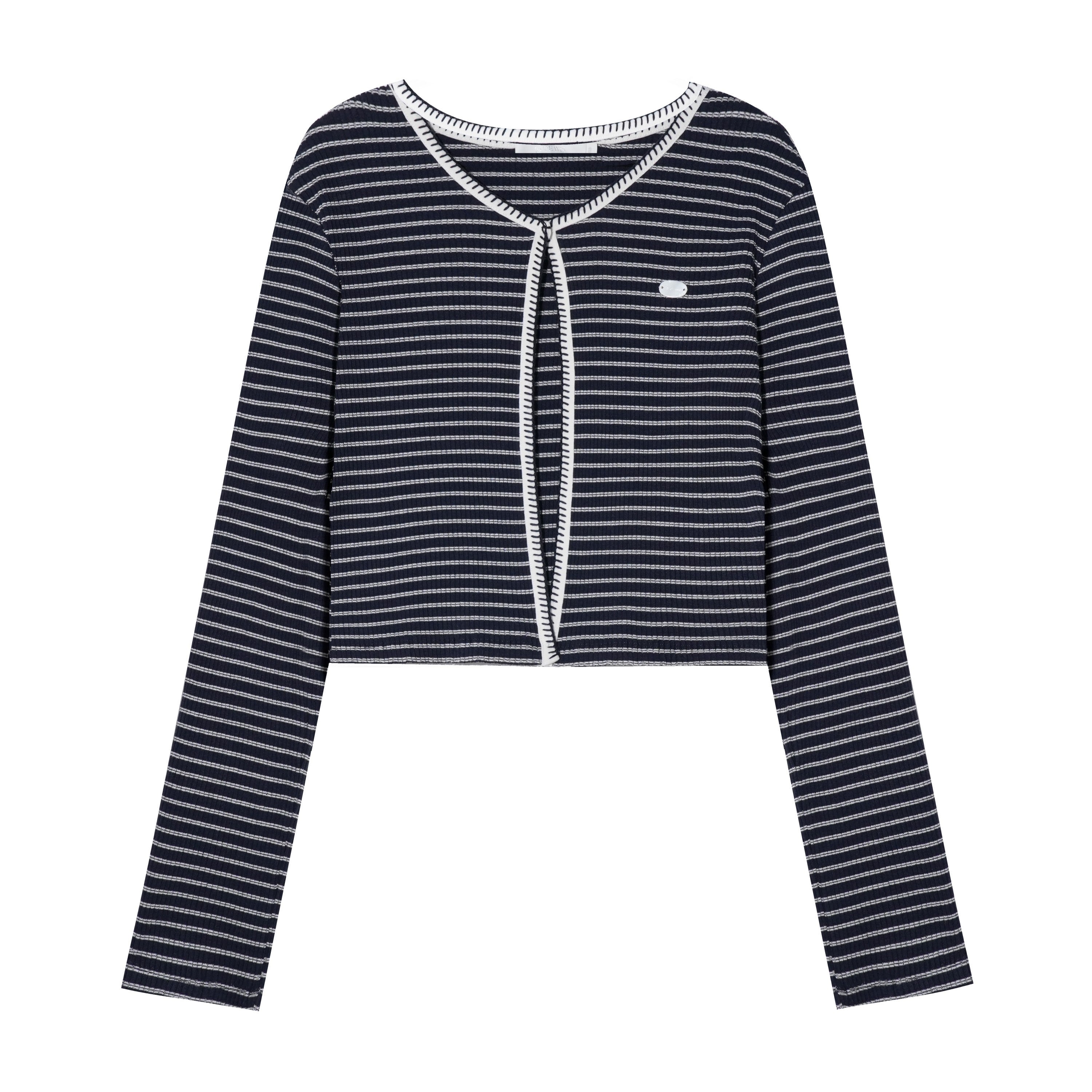 16DEWS 16D25296&amp;16D25297 Contrast striped round neck top + cardigan set
