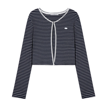 16DEWS 16D25296&amp;16D25297 Contrast striped round neck top + cardigan set