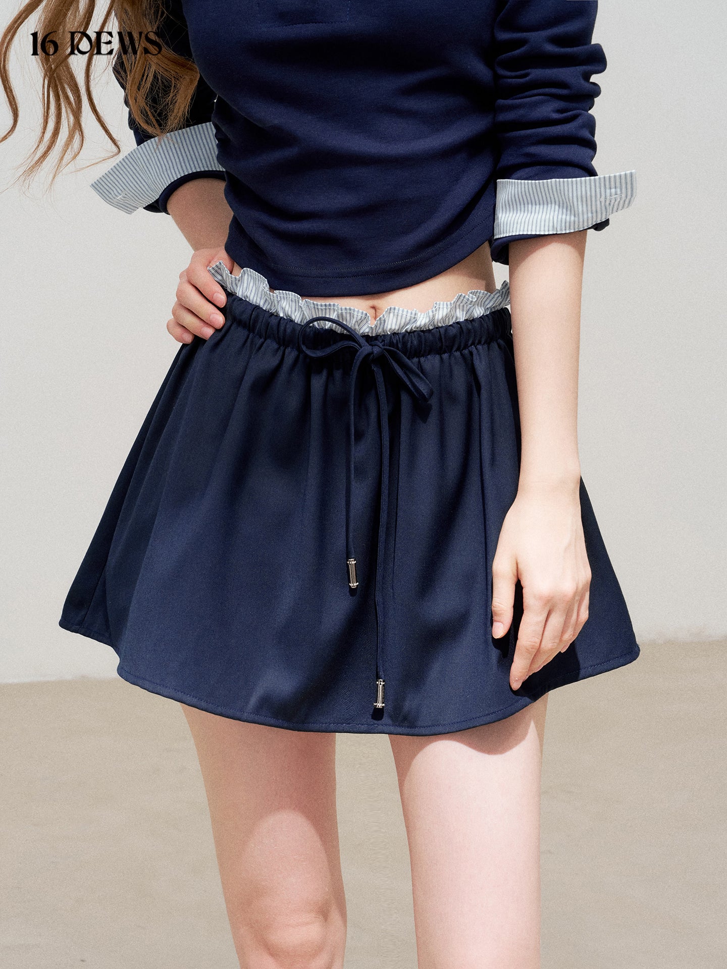 16DEWS 16D25297&amp;16D25298 Fake two piece contrasting slim fit tops + skirt set