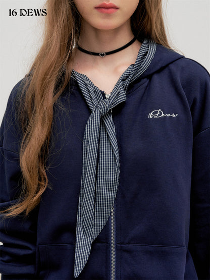 16DEWS 16D25300 Plaid patchwork hooded zipper sweatshirt
