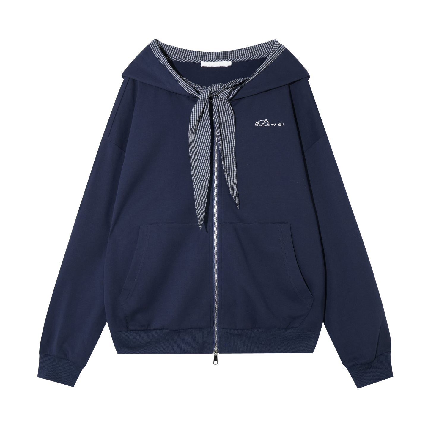 16DEWS 16D25300 Plaid patchwork hooded zipper sweatshirt