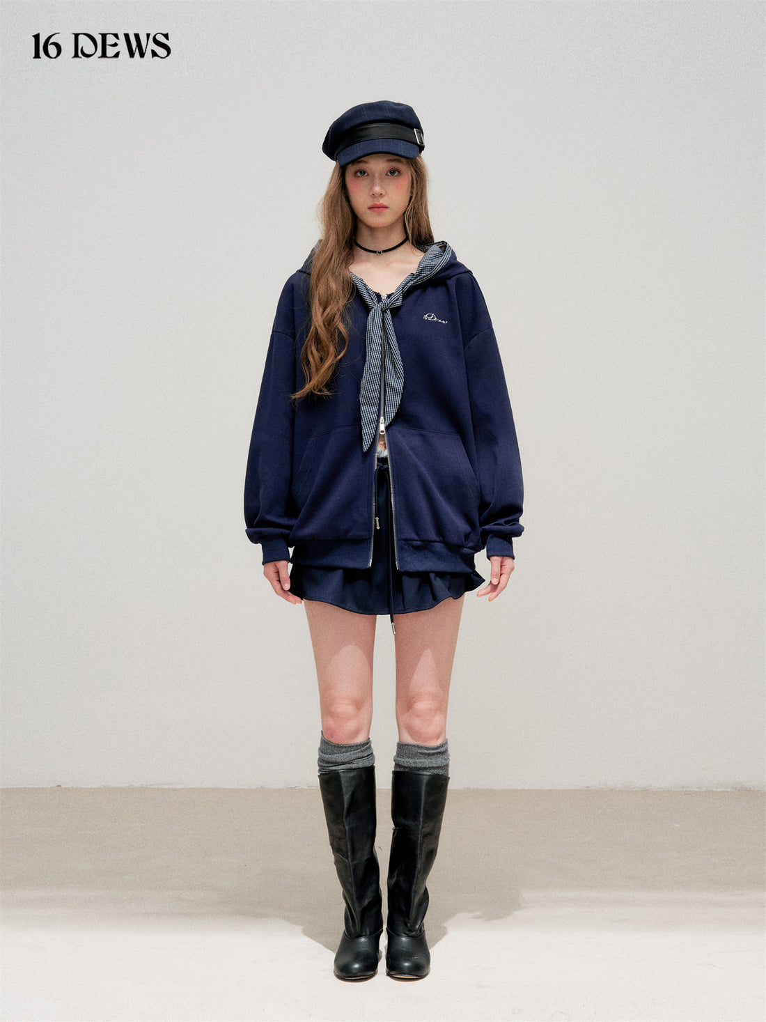 16DEWS 16D25300 Plaid patchwork hooded zipper sweatshirt