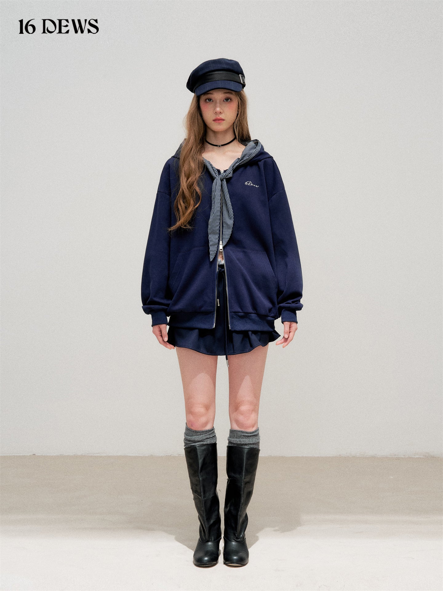 16DEWS 16D25300 Plaid patchwork hooded zipper sweatshirt