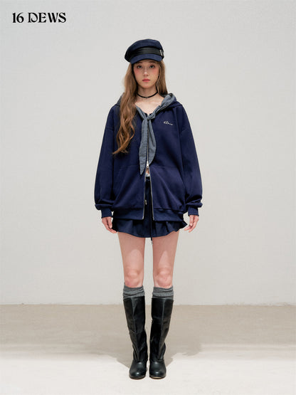 16DEWS 16D25300 Plaid patchwork hooded zipper sweatshirt
