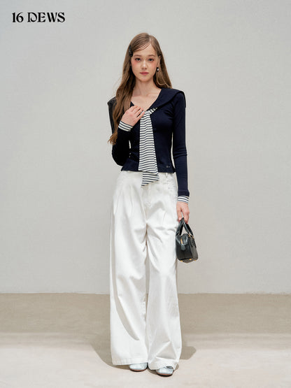 16DEWS 16D25301 Retro navy collar striped patchwork top