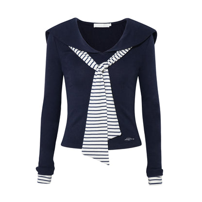 16DEWS 16D25301 Retro navy collar striped patchwork top