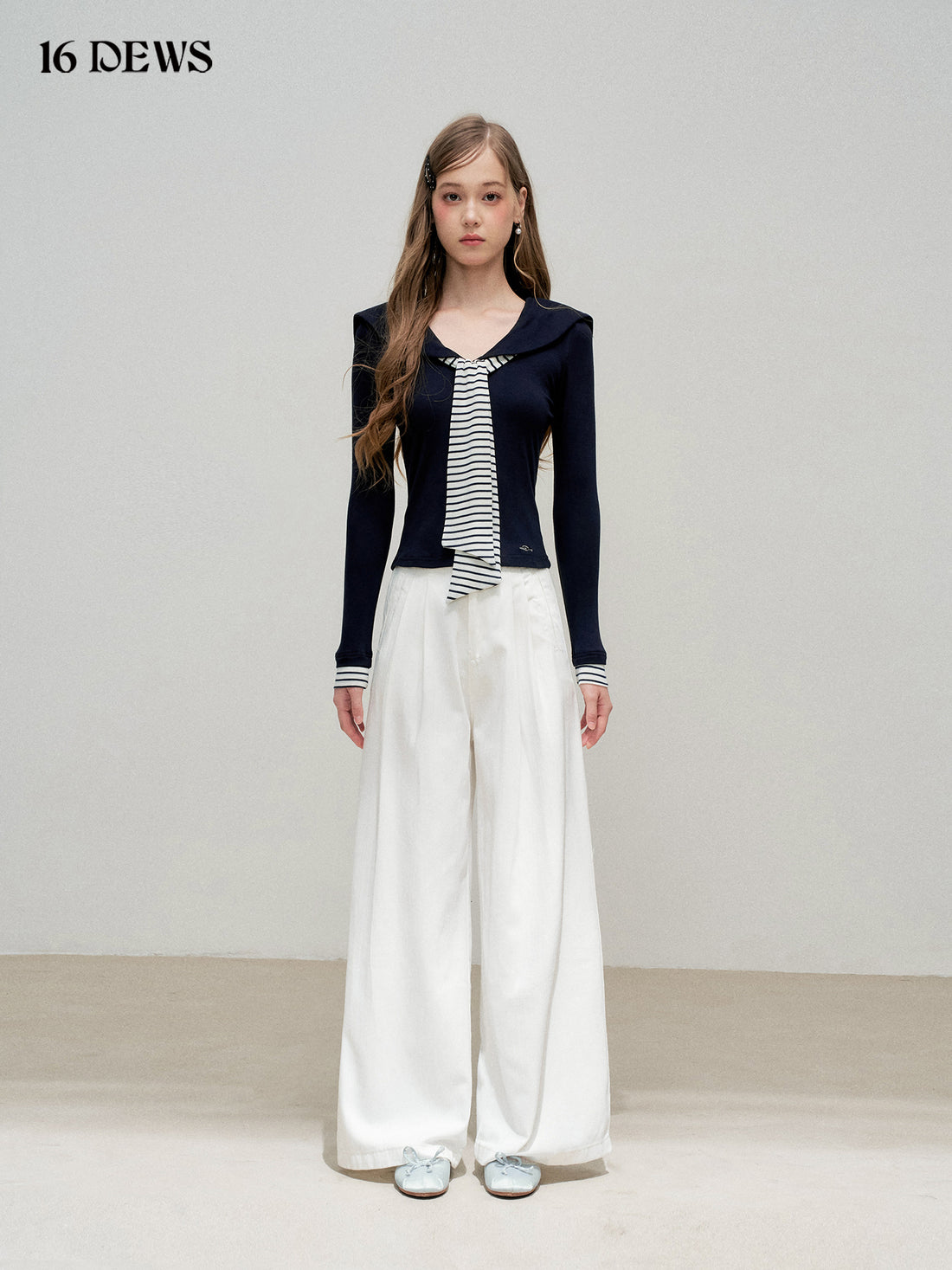 16DEWS 16D25301 Retro navy collar striped patchwork top