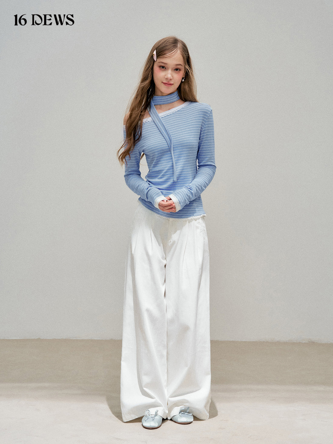 16DEWS 16D25302 Blue striped patchwork lace top (with ribbon)