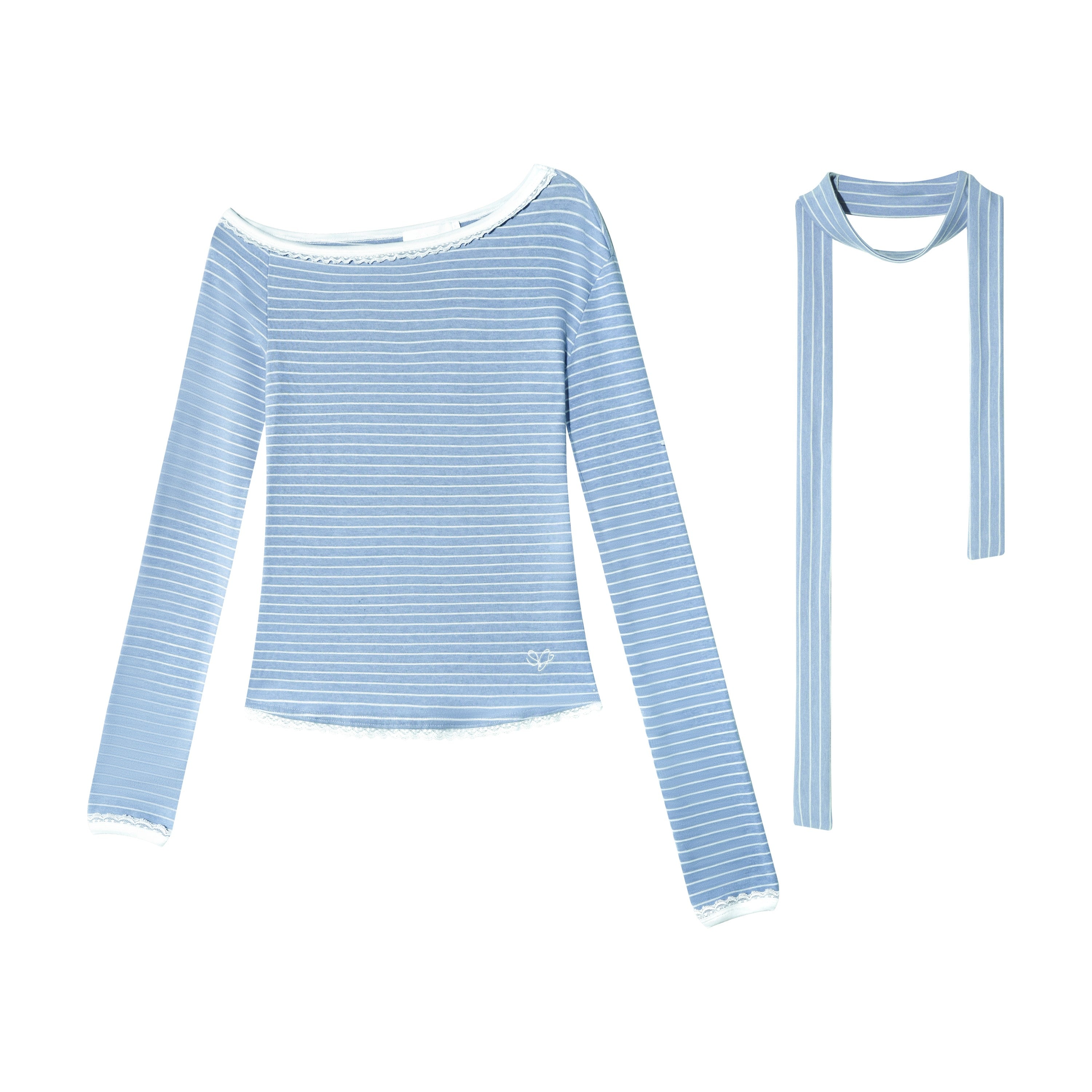 16DEWS 16D25302 Blue striped patchwork lace top (with ribbon)