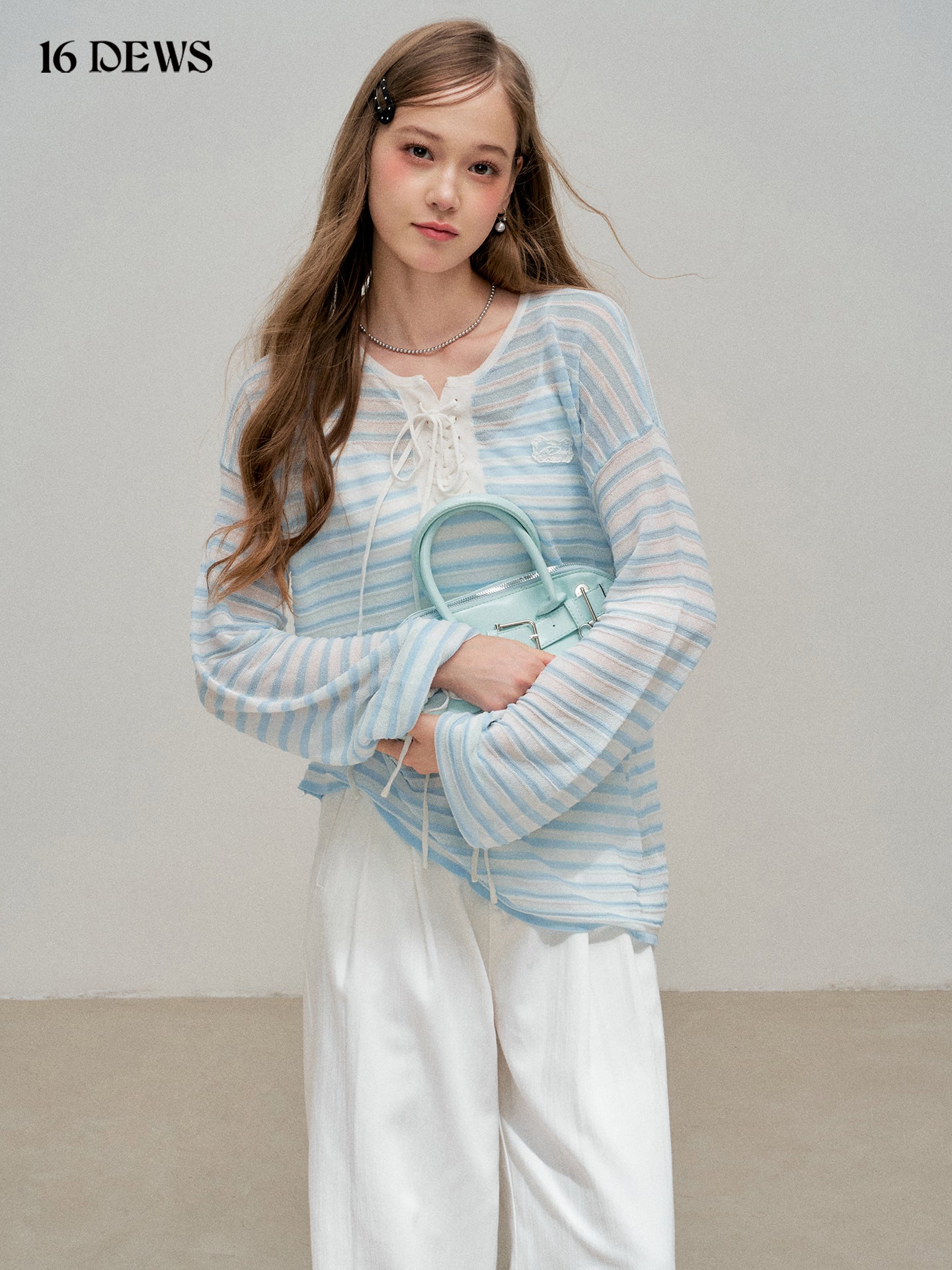 16DEWS 16D25303 Blue striped patchwork butterfly tie breathable cover shirt