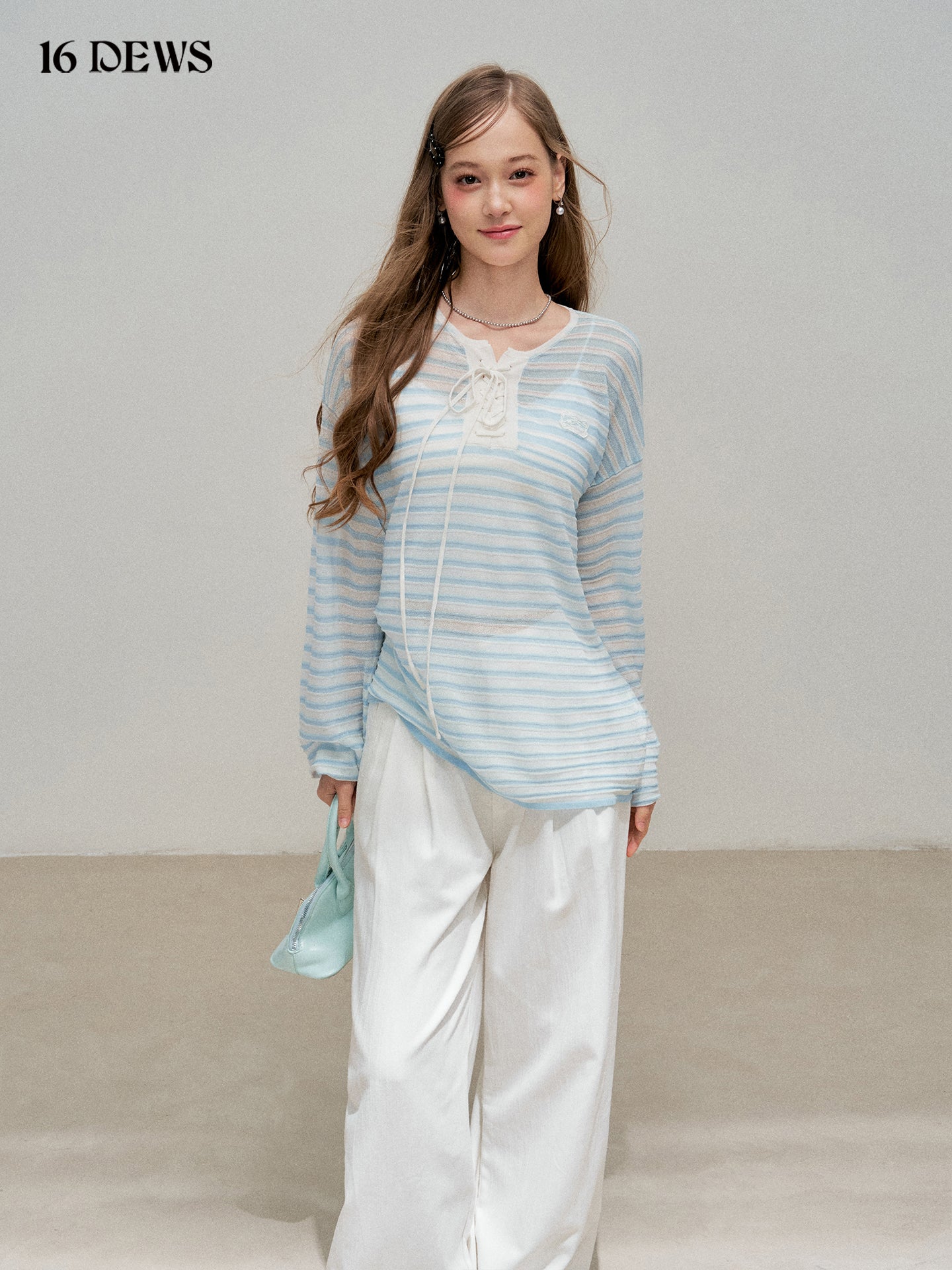 16DEWS 16D25303 Blue striped patchwork butterfly tie breathable cover shirt