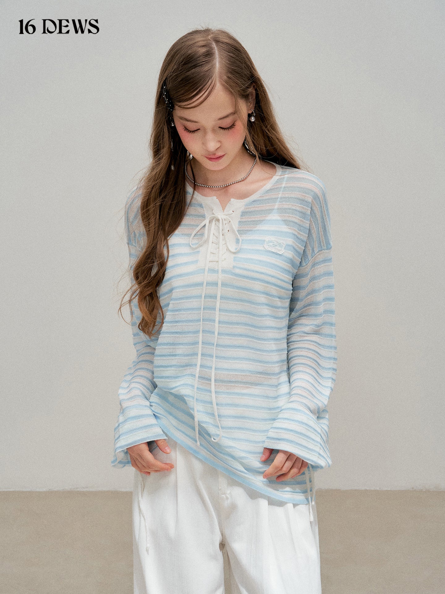 16DEWS 16D25303 Blue striped patchwork butterfly tie breathable cover shirt