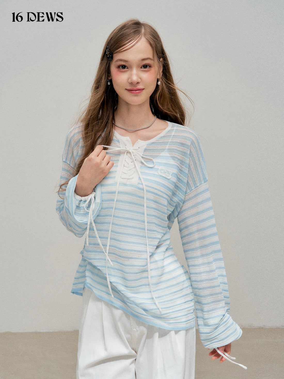 16DEWS 16D25303 Blue striped patchwork butterfly tie breathable cover shirt