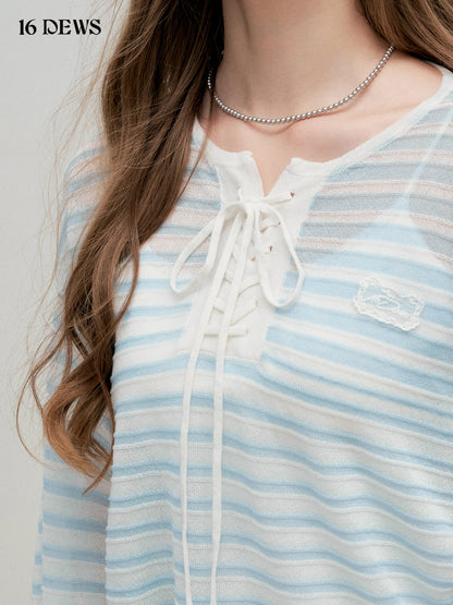 16DEWS 16D25303 Blue striped patchwork butterfly tie breathable cover shirt