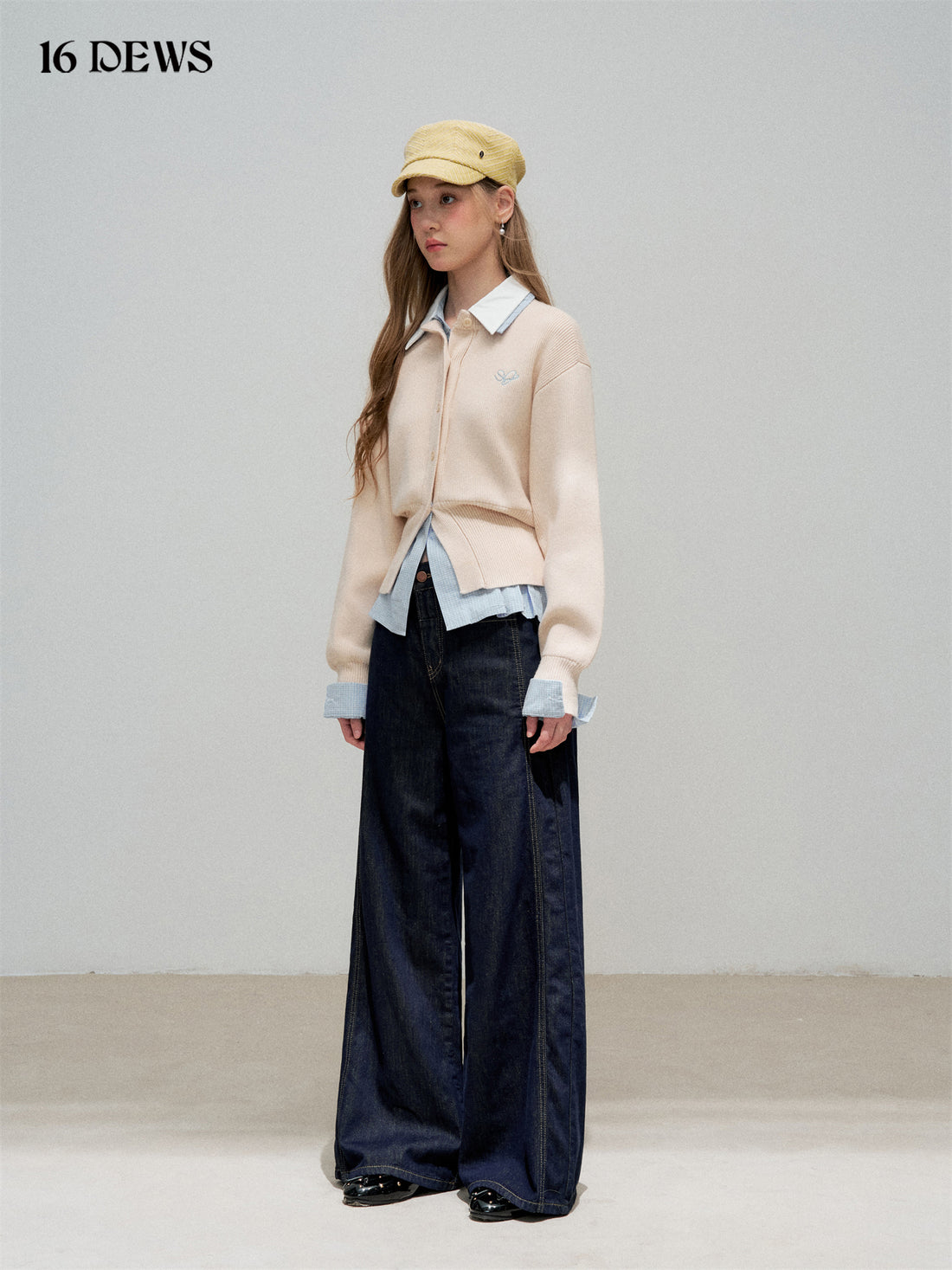 16DEWS 16D25306 Fake two piece shirt collar knitted top