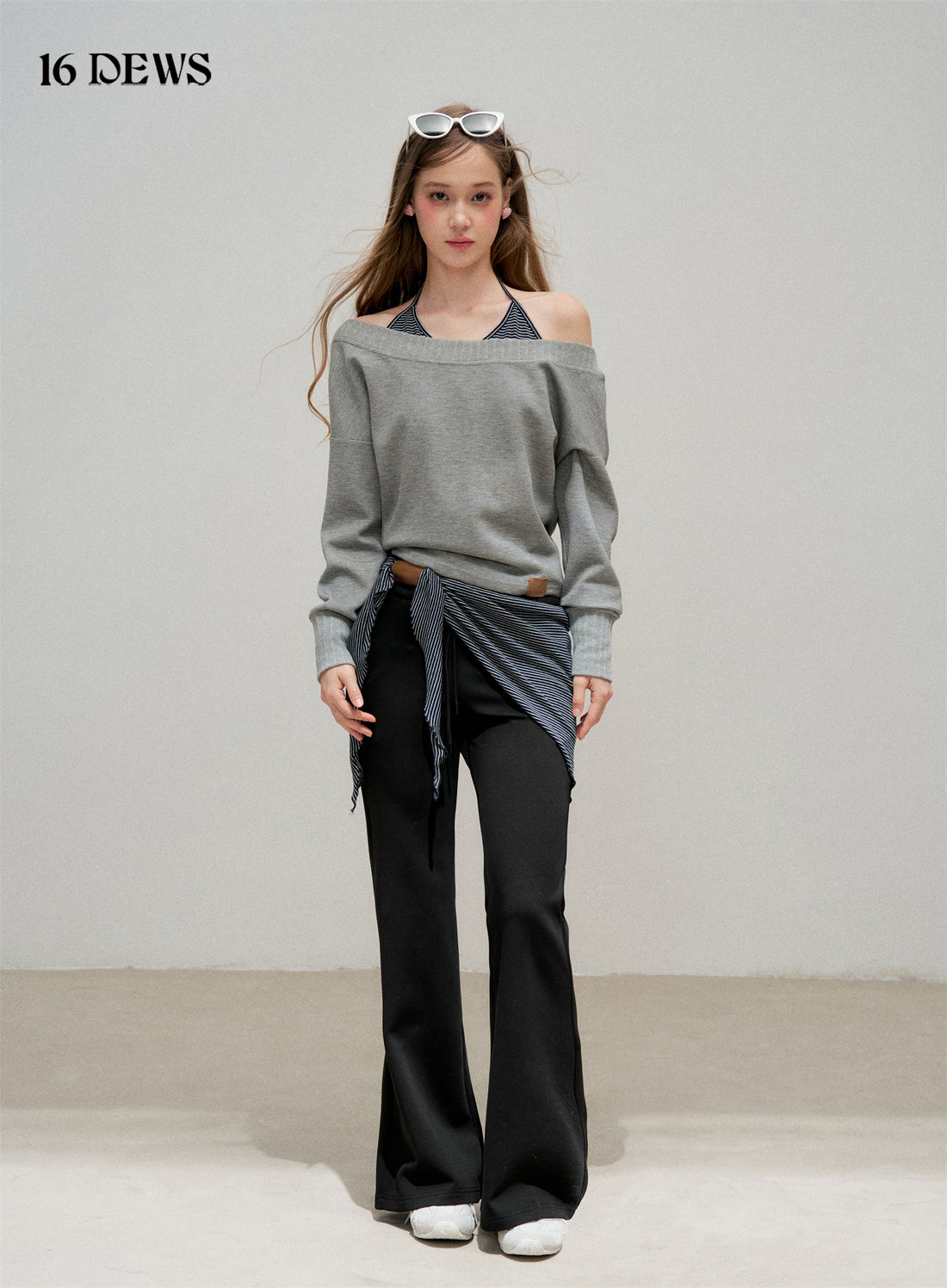 16DEWS 16D25307&amp;16D25308 Fake two-piece spliced striped neck hanging top + pants set