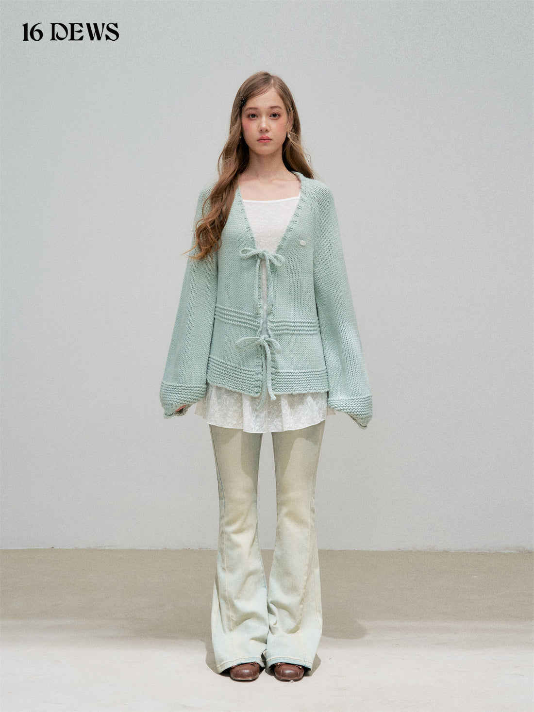 16DEWS 16D25313 Coarse needle lantern sleeve woolen cardigan