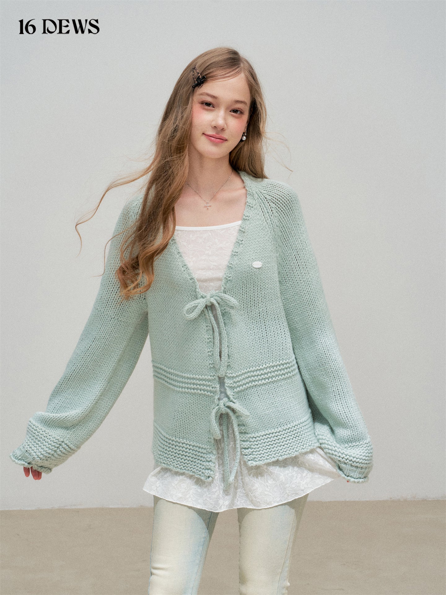 16DEWS 16D25313 Coarse needle lantern sleeve woolen cardigan