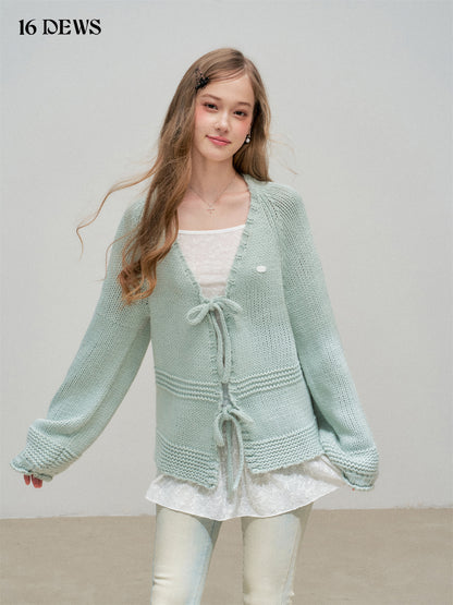 16DEWS 16D25313 Coarse needle lantern sleeve woolen cardigan
