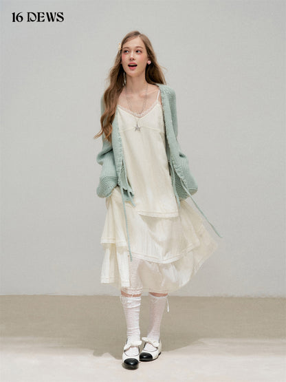 16DEWS 16D25313 Coarse needle lantern sleeve woolen cardigan