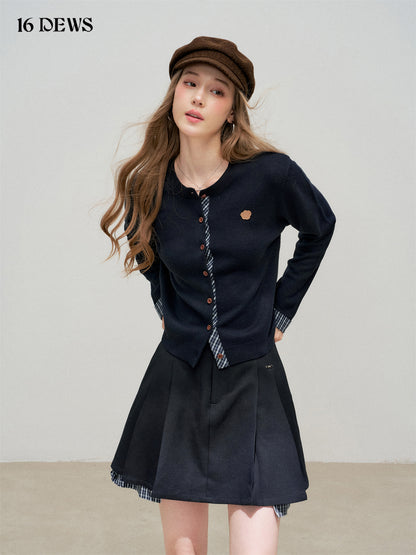 16DEWS 16D25314&amp;16D25315 Plaid patchwork round neck cardigan + skirt set