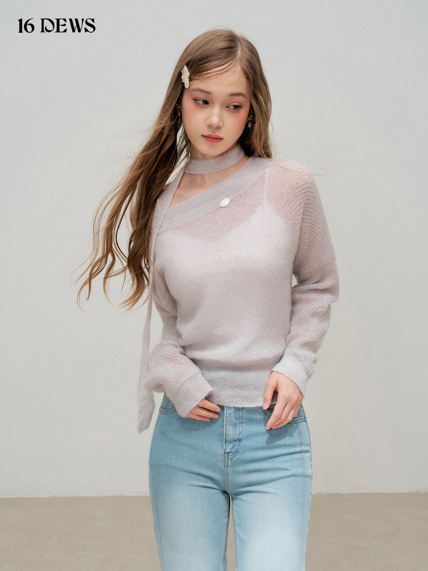 16DEWS 16D25318 Round neck loose knit top (with ribbon)