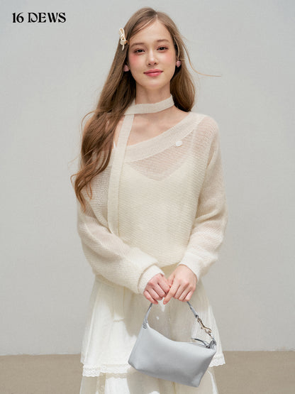 16DEWS 16D25318 Round neck loose knit top (with ribbon)
