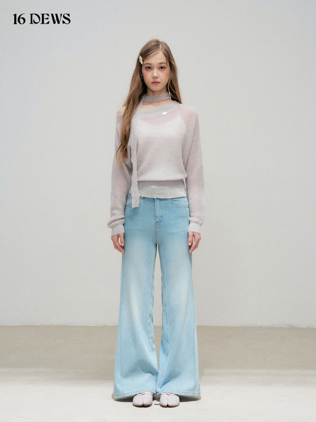 16DEWS 16D25318 Round neck loose knit top (with ribbon)
