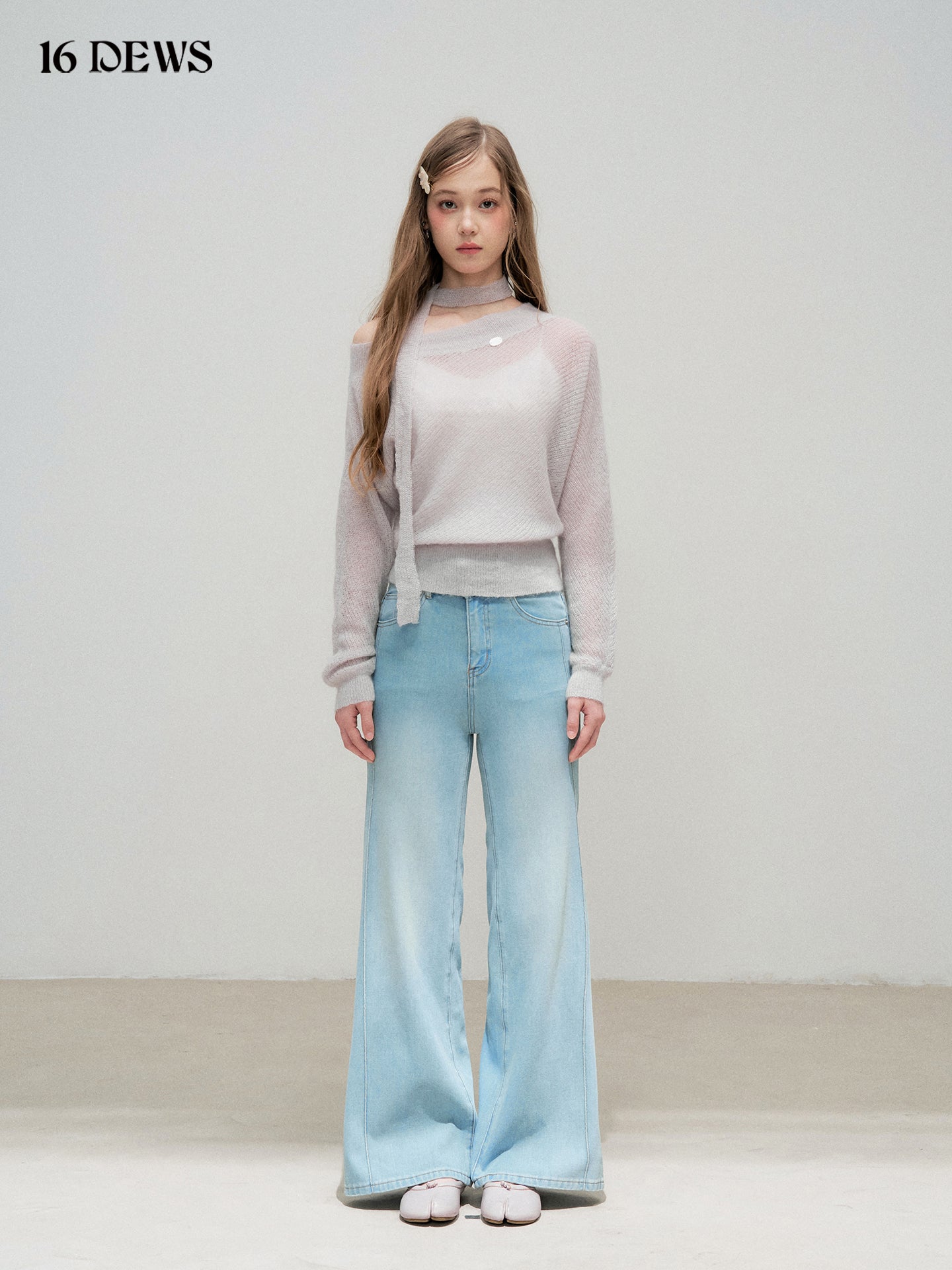 16DEWS 16D25318 Round neck loose knit top (with ribbon)