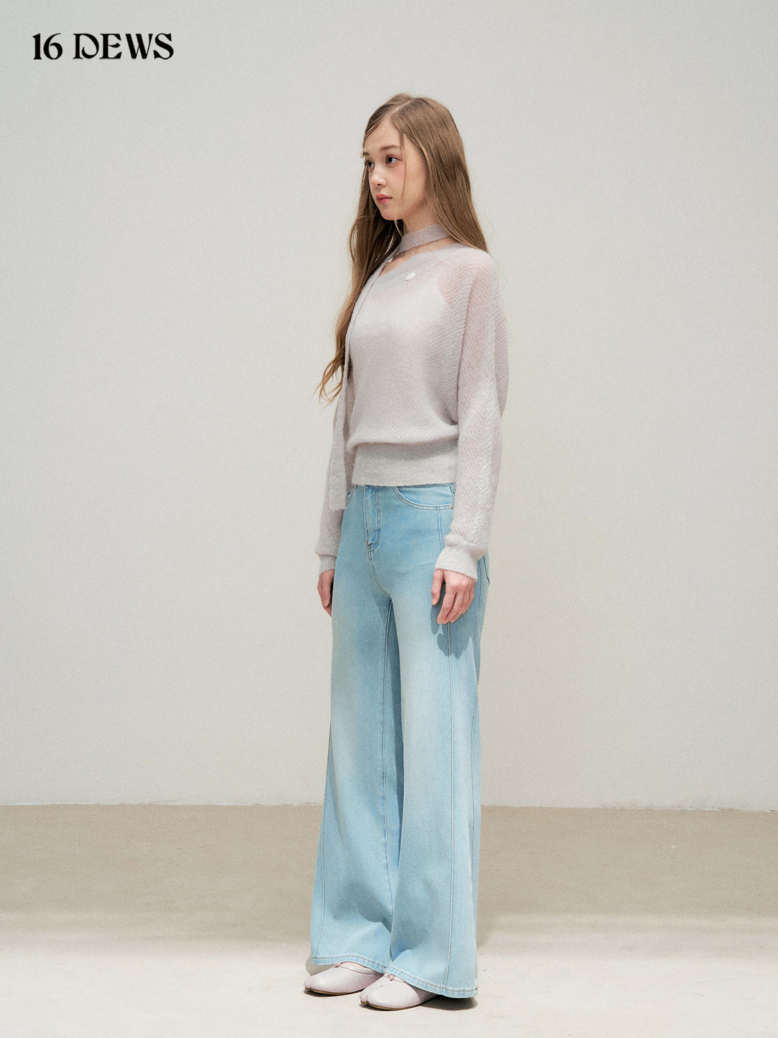 16DEWS 16D25318 Round neck loose knit top (with ribbon)