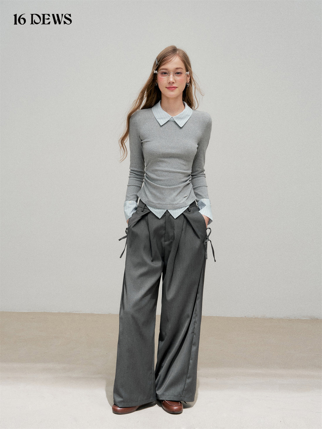 16DEWS 16D25323 Fake two-piece spliced striped top