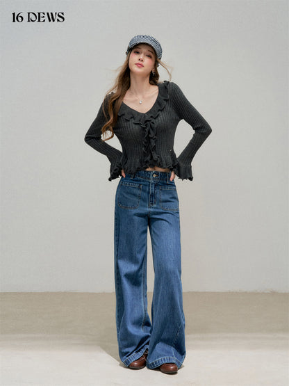 16DEWS 16D25324&amp;16D25325 Ruffle flared sleeves V-neck slim knit top + pants