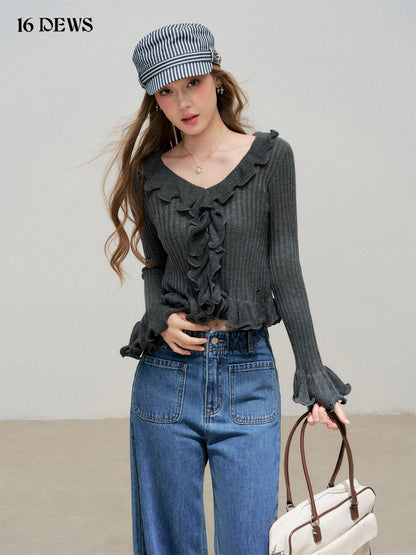 16DEWS 16D25324&amp;16D25325 Ruffle flared sleeves V-neck slim knit top + pants