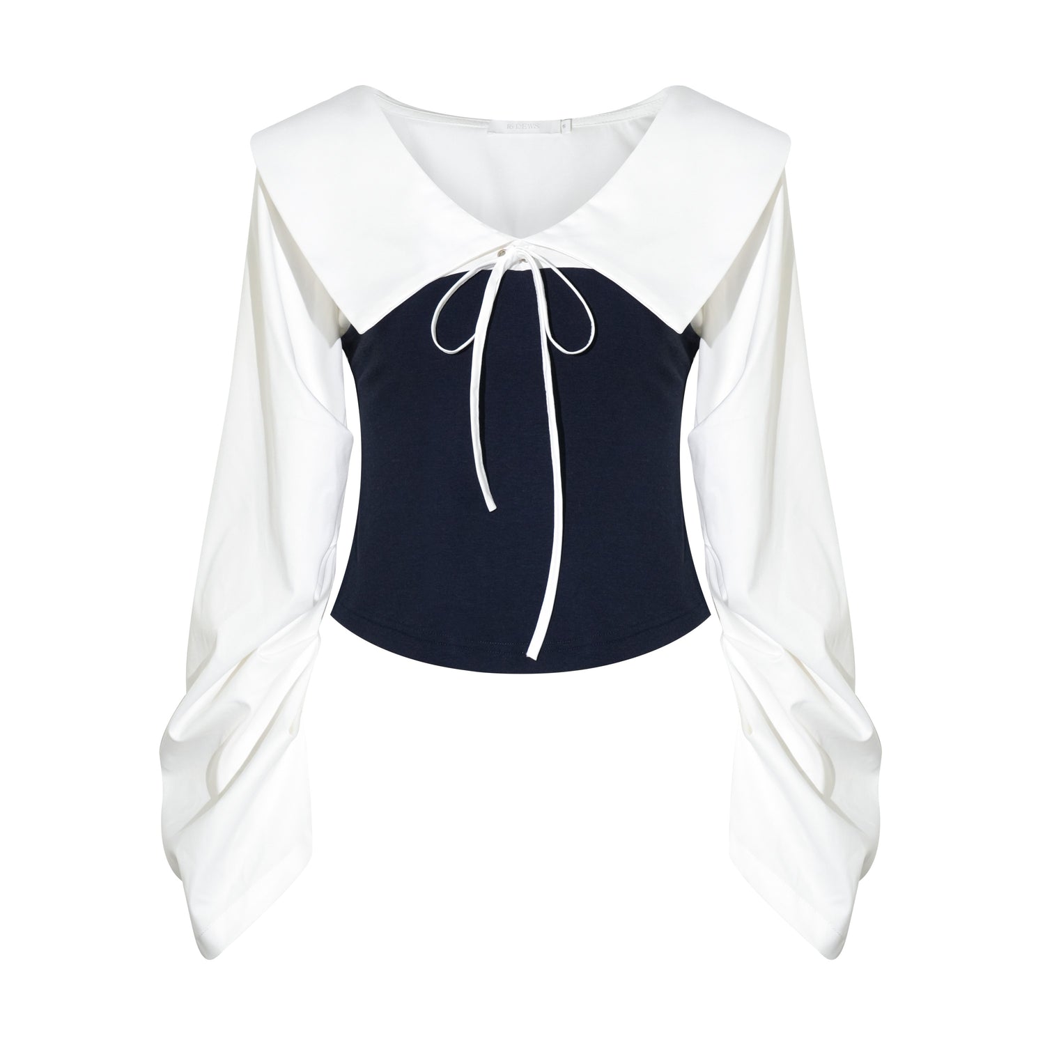 16DEWS 16D25326 Navy collar contrasting color patchwork top