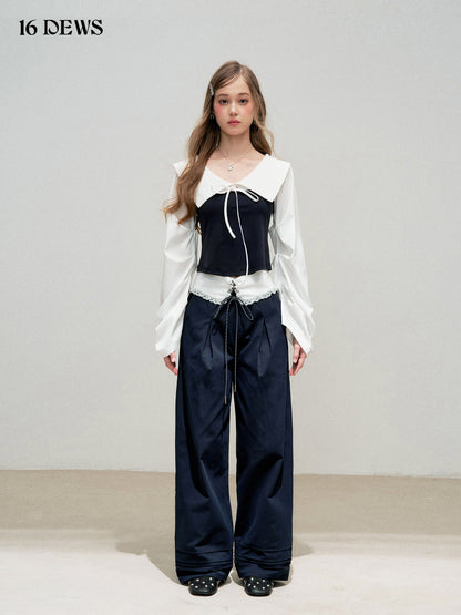 16DEWS 16D25326 Navy collar contrasting color patchwork top