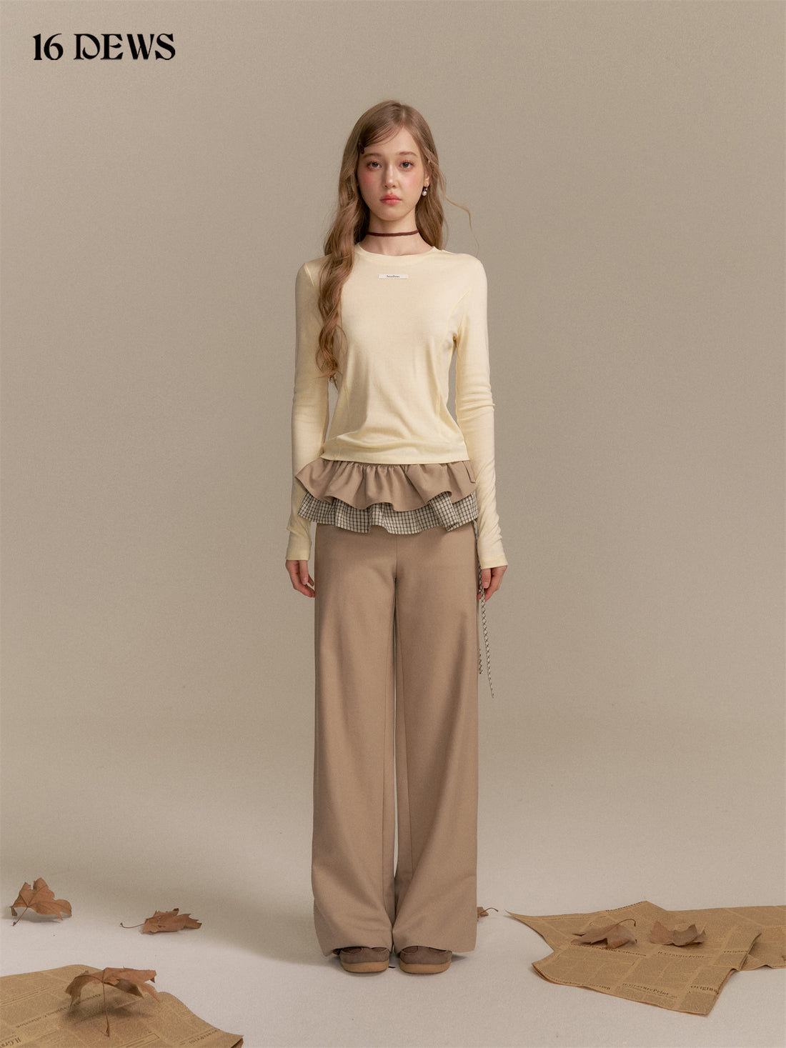 16DEWS 16D25328&amp;16D25331 Round neck long sleeved T-shirt + pants set