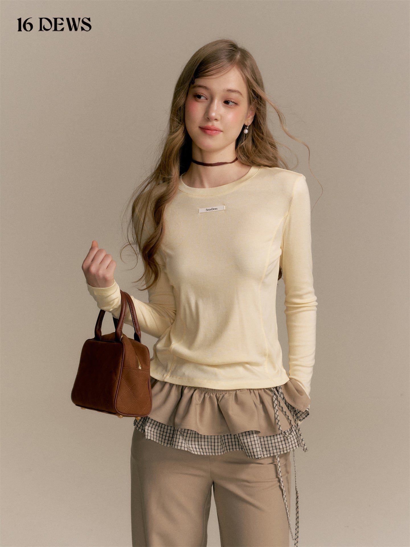 16DEWS 16D25328&amp;16D25331 Round neck long sleeved T-shirt + pants set