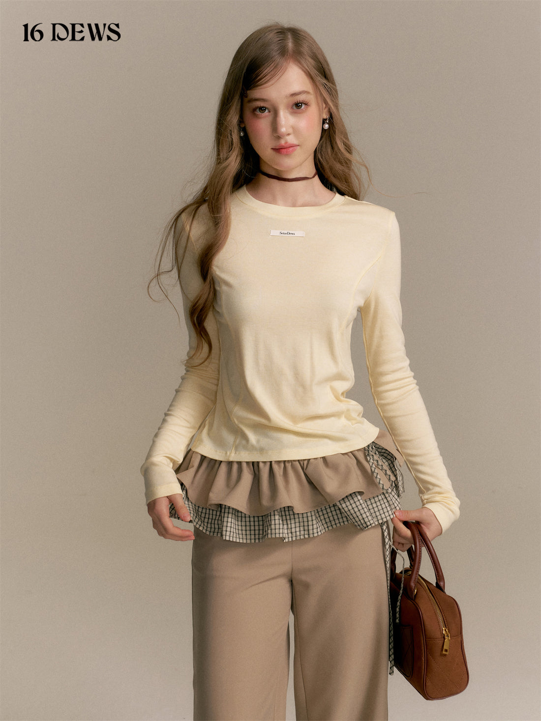 16DEWS 16D25328&amp;16D25331 Round neck long sleeved T-shirt + pants set