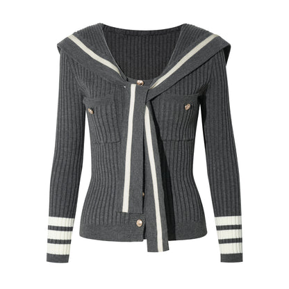 16DEWS 16D25333 Preppy chic navy collar contrasting knit slim fit top