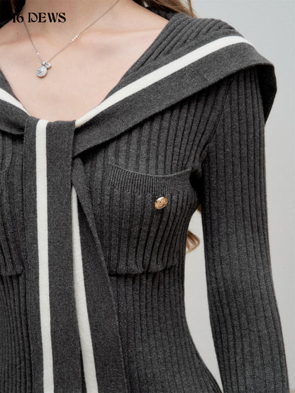 16DEWS 16D25333 Preppy chic navy collar contrasting knit slim fit top