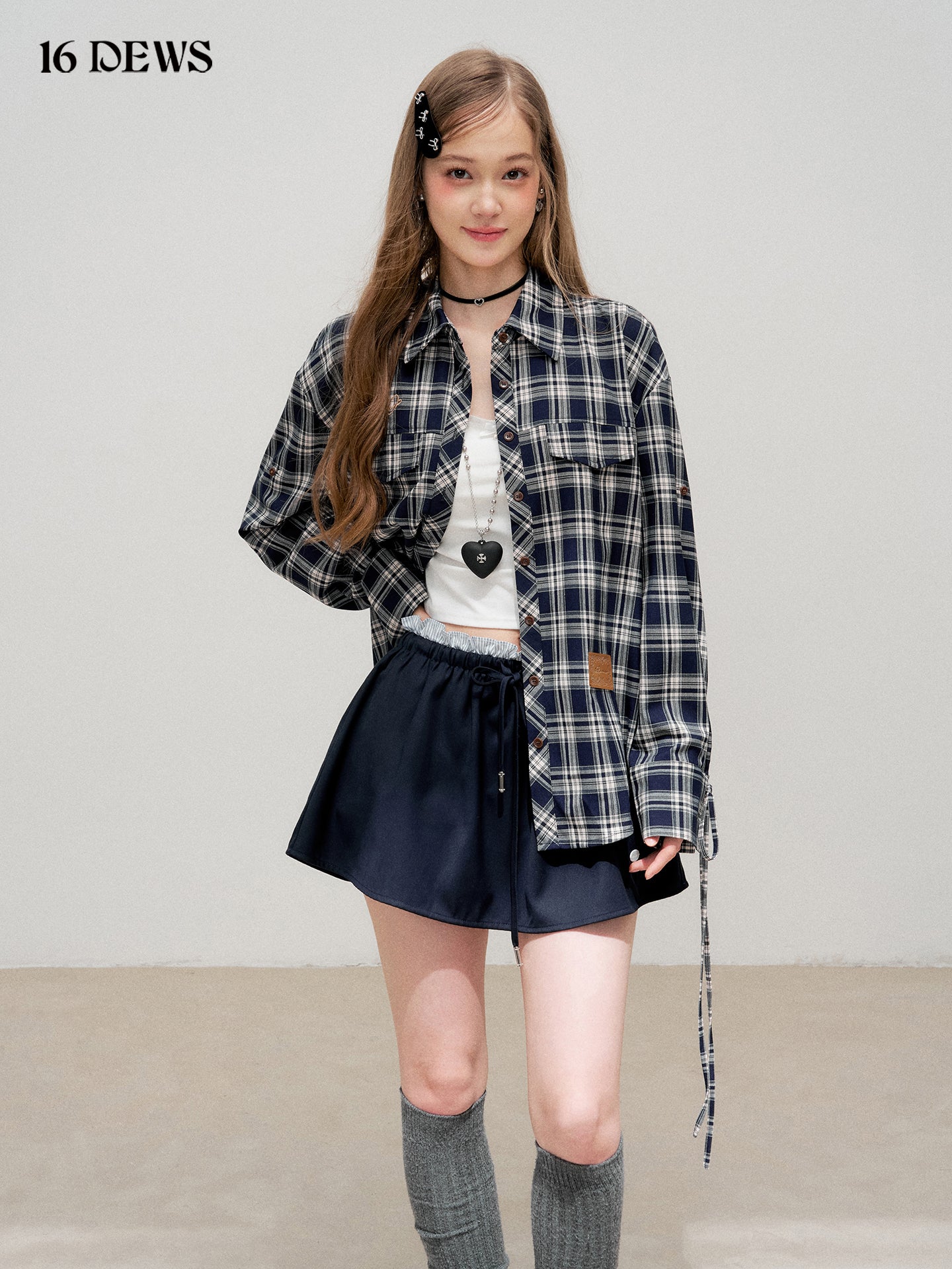 16DEWS 16D25334 Navy blue commuting plaid long sleeved shirt