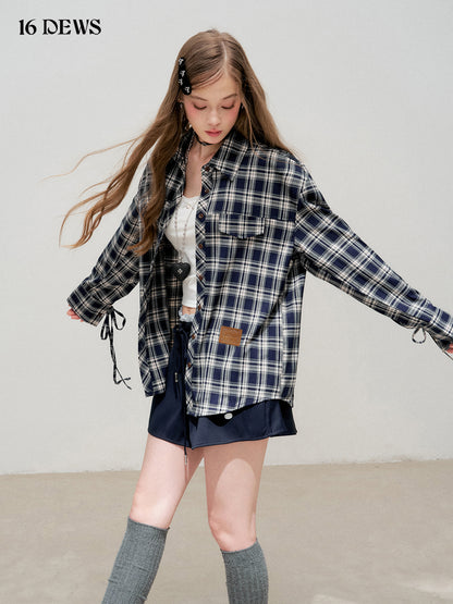 16DEWS 16D25334 Navy blue commuting plaid long sleeved shirt